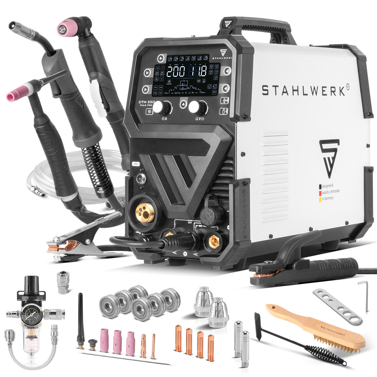STAHLWERK combination welding machine CTM-250 Puls Pro 6-in-1 inert gas welding machine 200 A | Pulse function | Synergic wire feeder | Integrated 45 A plasma cutter CUT| TIG | MIG MAG | PULSE | MMA| FLUX