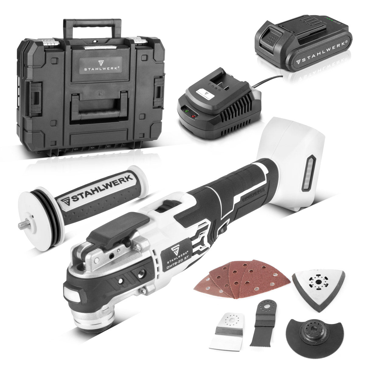 STAHLWERK oscillating battery-operated multifunctional tool OMTB-20 ST with 900 watts, 10,500-20,000 rpm and 20 V battery system, delta sander / oscillating tool / multicutter with brushless technology