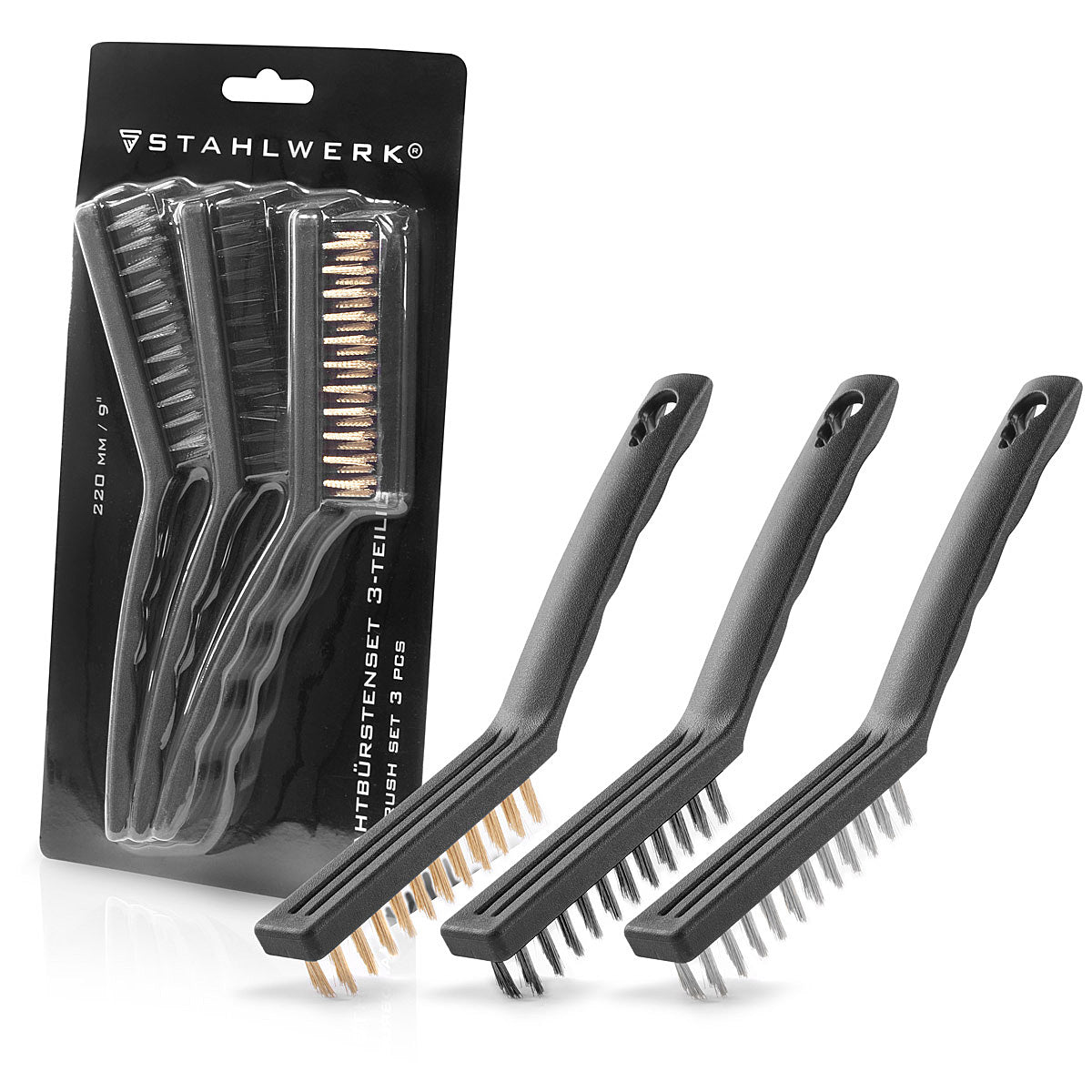 Steelworks wire brushes set 220 mm (9 inch) 6-part brush set made of brass brush, steel brush and nylon brush for effective cleaning of surfaces