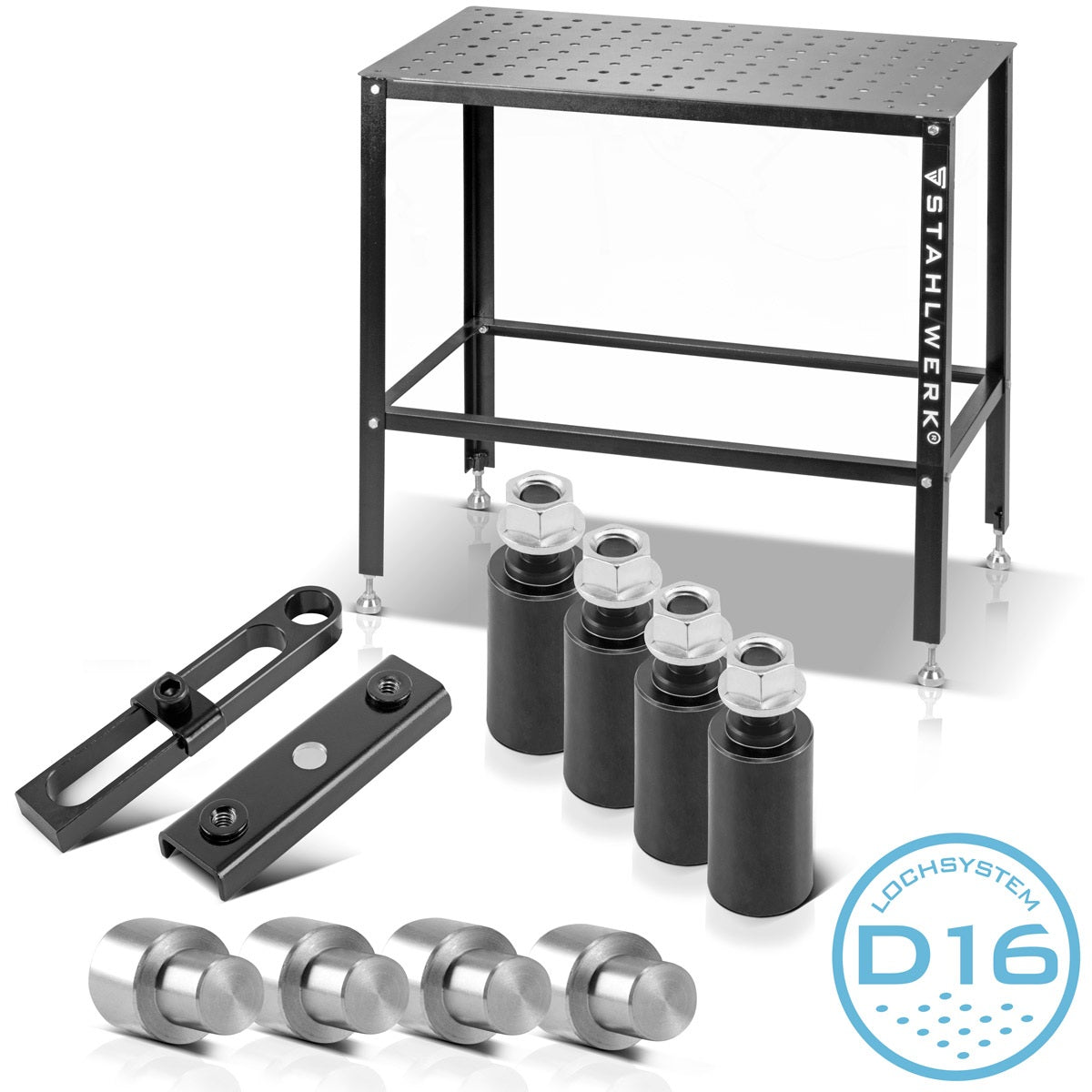 STAHLWERK Schweißtisch Set, Montagetisch mit D16 Lochsystem und 3 mm Arbeitsplatte als DIY-Bausatz im 12-teiligen Set mit Variablem Anschlag, Anschlagbolzen mit Abhebesicherung, Spannbolzen