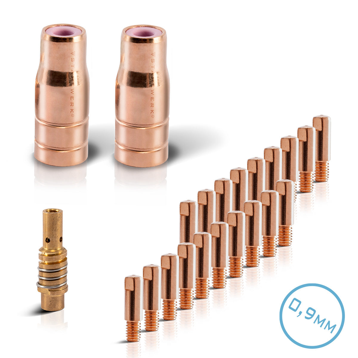 STAHLWERK FLUX AK15/MB15 AK14/MB14 Verschleißteile Set | 23-teiliges Original Schweißzubehör Set mit Fülldrahtdüsen | Düsenträger und Stromdüsen 0,9 mm