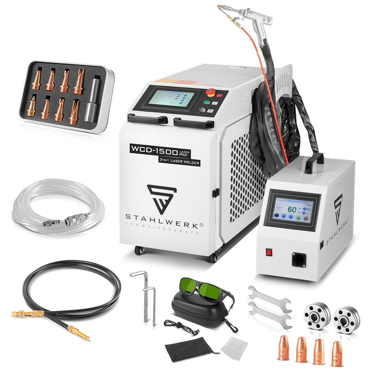 STAHLWERK 3-in-1 Laser-Schweissgerät WCD-1500 Laser Pro mit 1500 Watt, professionelle Handlaser-Schweißanlage zum präzisen Schweißen, Schneiden und Entrosten