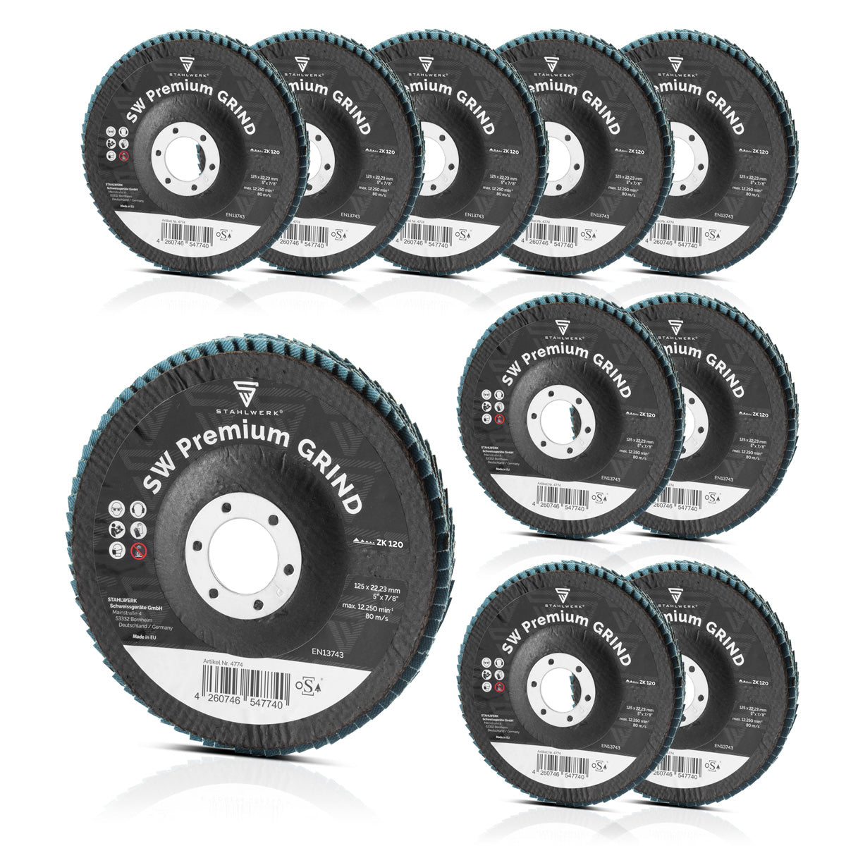 Molino de acero SW Premium Grind P120 10 Conjunto 125 x 22.23 mm | 5 "x 7/8" Ruedas de molienda | Slices de ventilador | Rodajas de lámina para molinillo de ángulo para acero molido, acero inoxidable, aluminio y metales NE