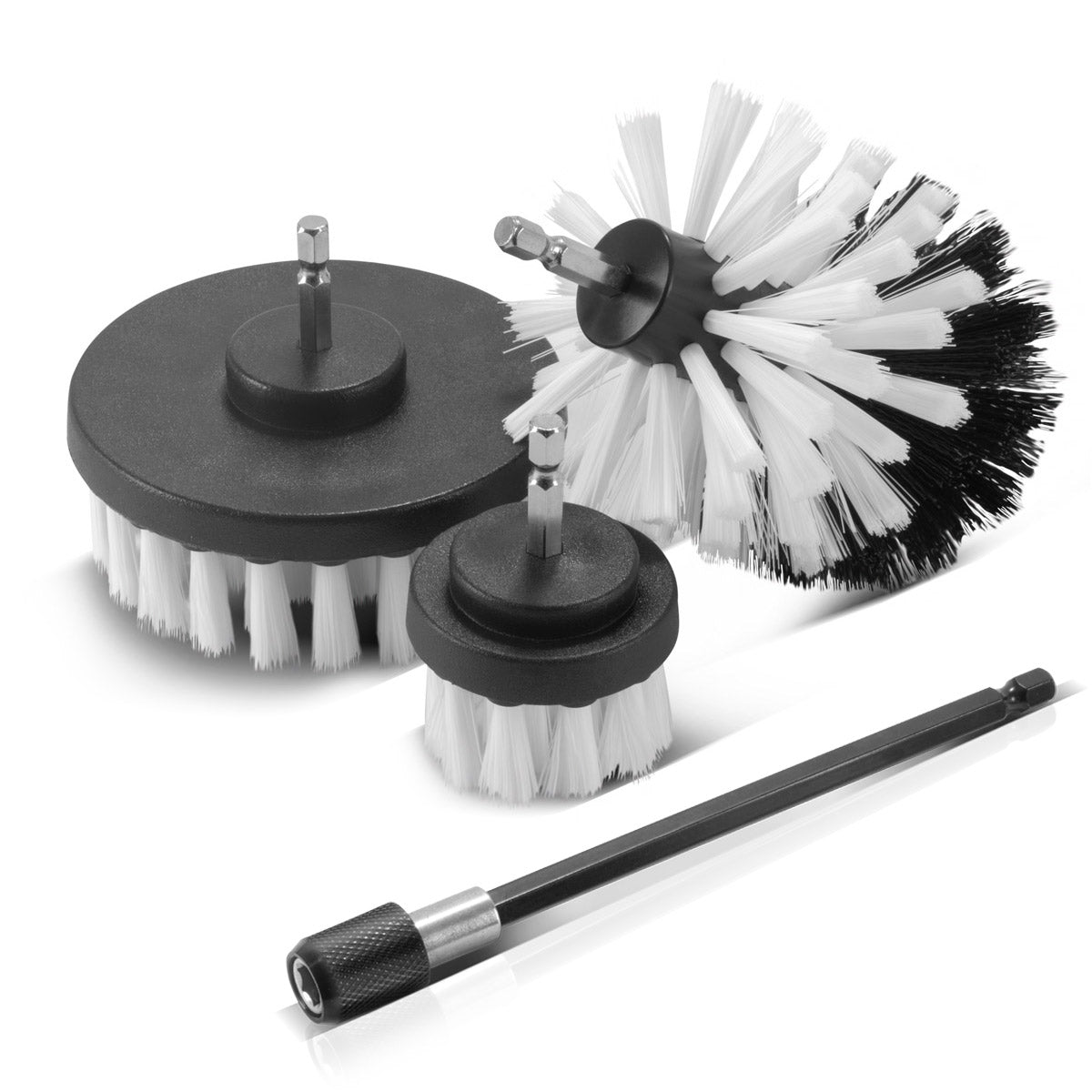STAHLWERK Bürsten-Aufsatz 4er Set für Akkuschrauber und Bohrmaschinen, Reinigungs-, Polier- und Detailing-Bürsten mit Standard-Bit-Aufnahme inklusive Verlängerungs-Adapter