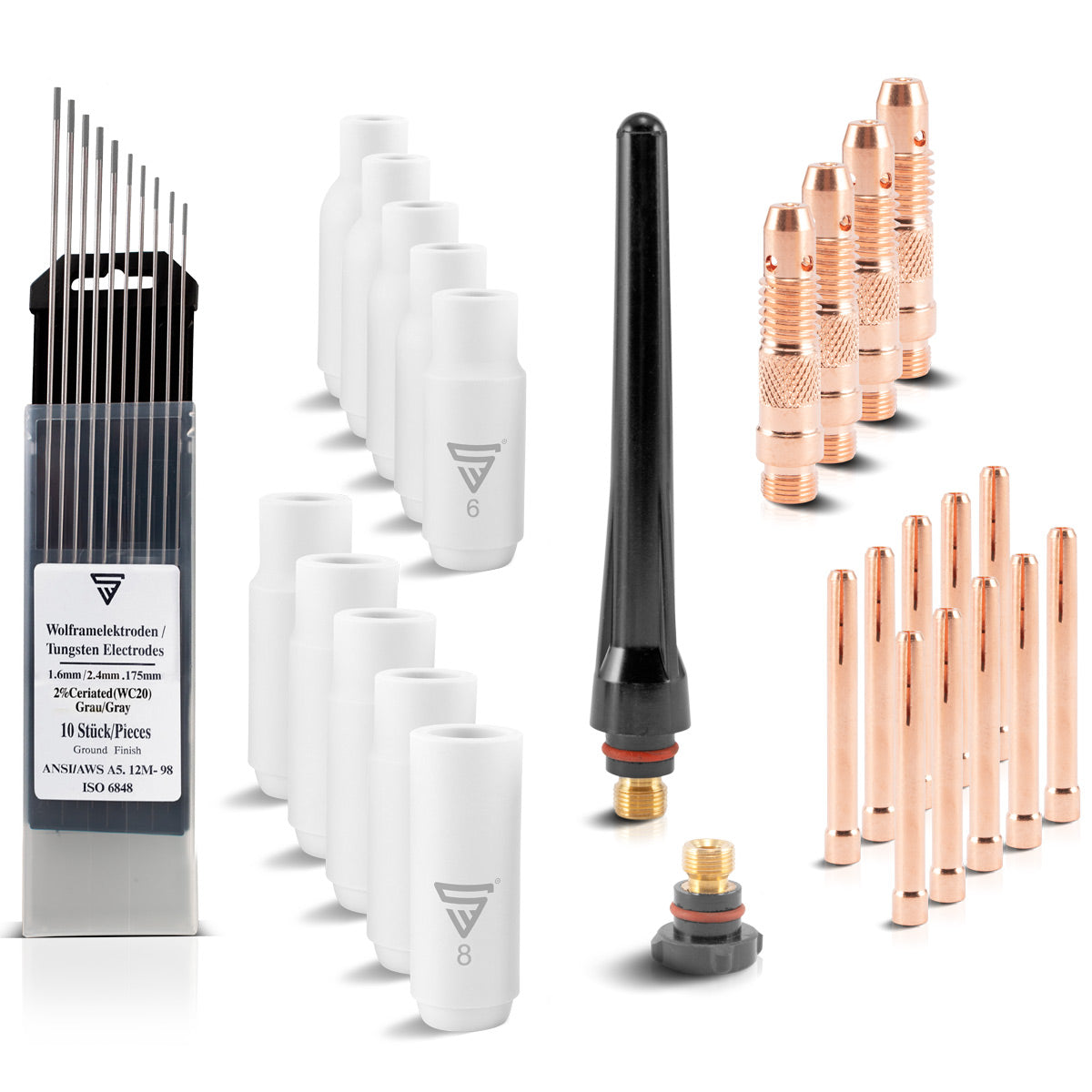STAHLWERK WP-26 Premium WIG Verschleißteile-Set 36-teiliges Schweißzubehör mit Long-Life-Keramikdüsen, Schweißelektroden WC20 grau und Brennerkappen für WP | SR 17, 18, 26 WIG Schweißbrenner