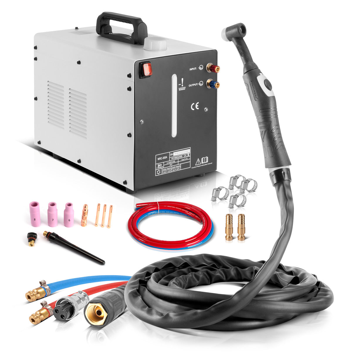 Brûleur de soudage à perruque refroidie par acier WP18 | SR18 à 300 A avec un paquet de tuyaux à gaz protecteur de 5 m, y compris un refroidisseur d'eau avec un réservoir de 370 W et 6 L
