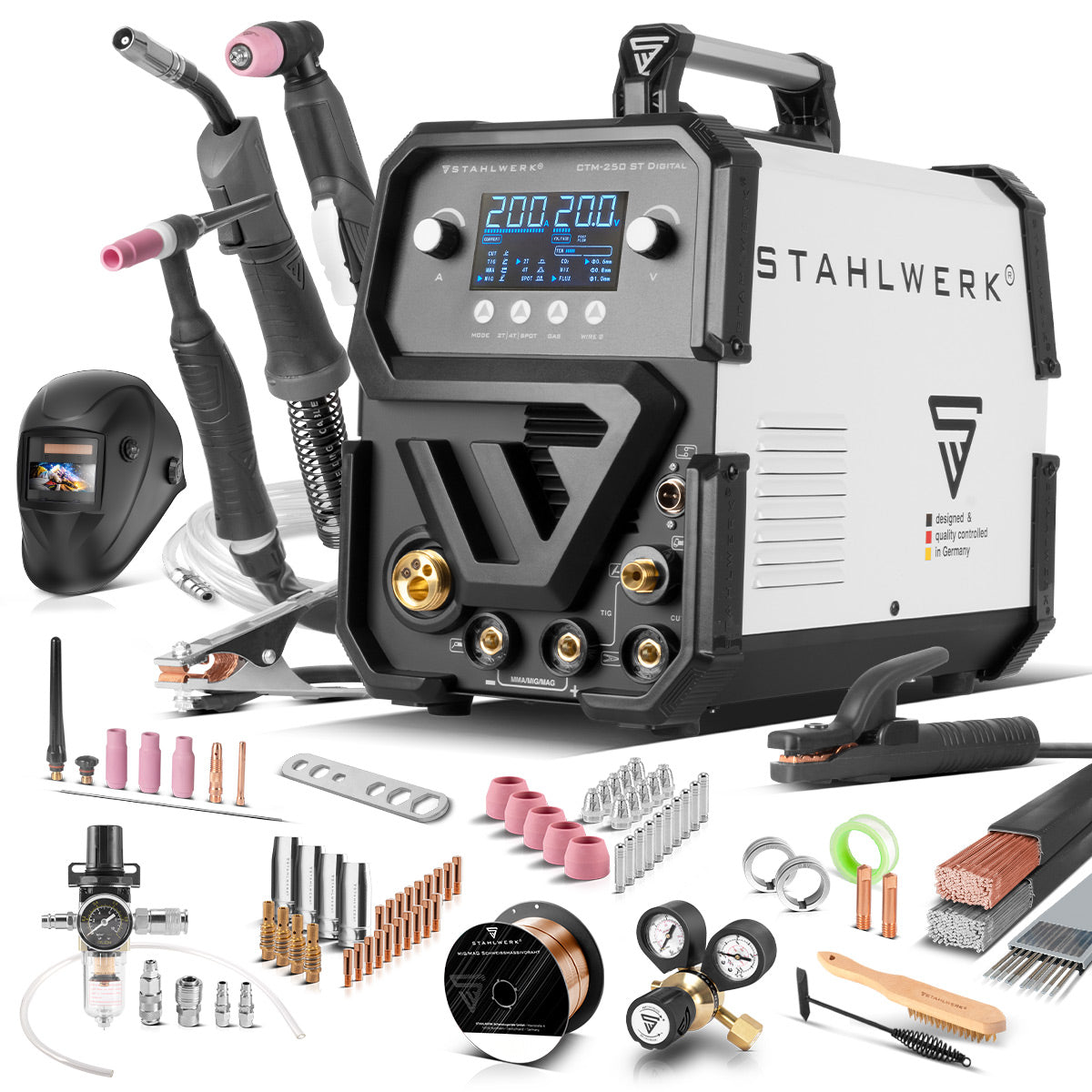 STAHLWERK Kombi-Schweißgerät CTM-250 ST Digital Vollausstattung 5-in-1 Schutzgas-Schweißgerät | Inverter mit 200 A, synergischem Drahtvorschub und integriertem 50 A Plasmaschneider CUT | WIG