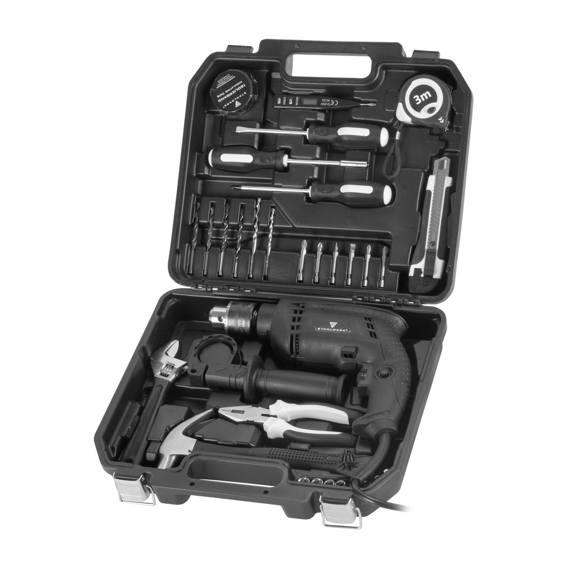 Steelworks DIY WILLER SET DTS-33 ST Tool Case | Boîte à outils | Boîte à outils avec un ensemble d'outils en 32 parties en perceuse à impact, tournevis, marteau, pinces, ruban de mesure, testeur de tension, bits et accessoires