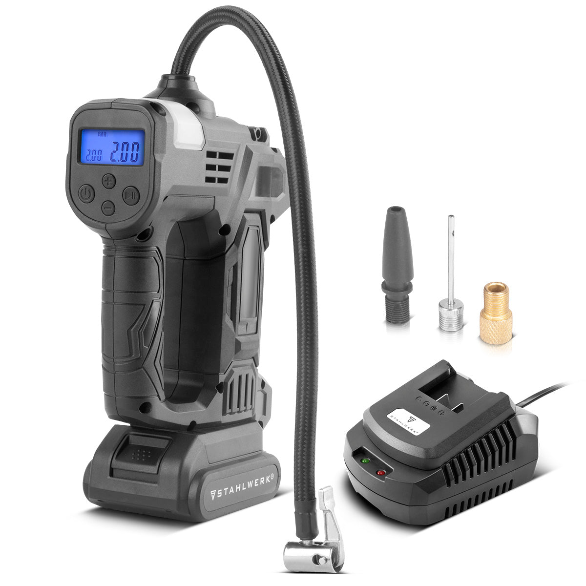 Compresseur d'air sans fil STAHLWERK ADK-20 ST | 72 watts de puissance et batterie 2 Ah | Mini compresseur pour gonfler pneus, ballons | Pompe à air électrique avec affichage numérique et éclairage | Compresseur d'air