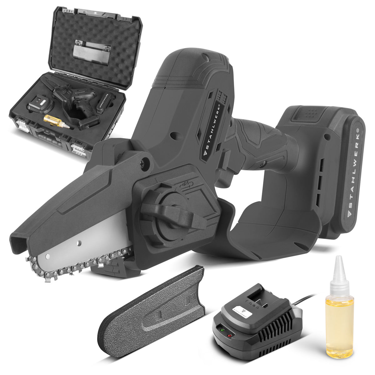 Mini tronçonneuse sans fil STAHLWERK MAK-20 ST avec batterie 2000 mAh | Tronçonneuse manuelle puissante pour couper tous types de bois | Tronçonneuse électrique avec technologie brushless | Scie compacte sans fil