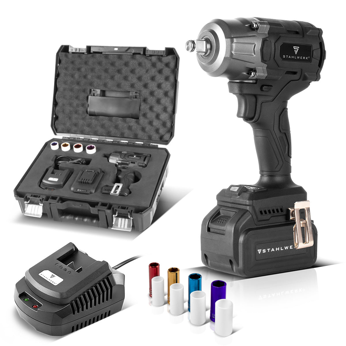 Clé à chocs rotative sans fil STAHLWERK ADS-880 ST | Système 20 volts | Technologie sans balais | Clé à chocs sans fil avec 880 Nm | Support ½" pouces | Comprend 4 douilles de protection 17-22 mm | Batterie et chargeur