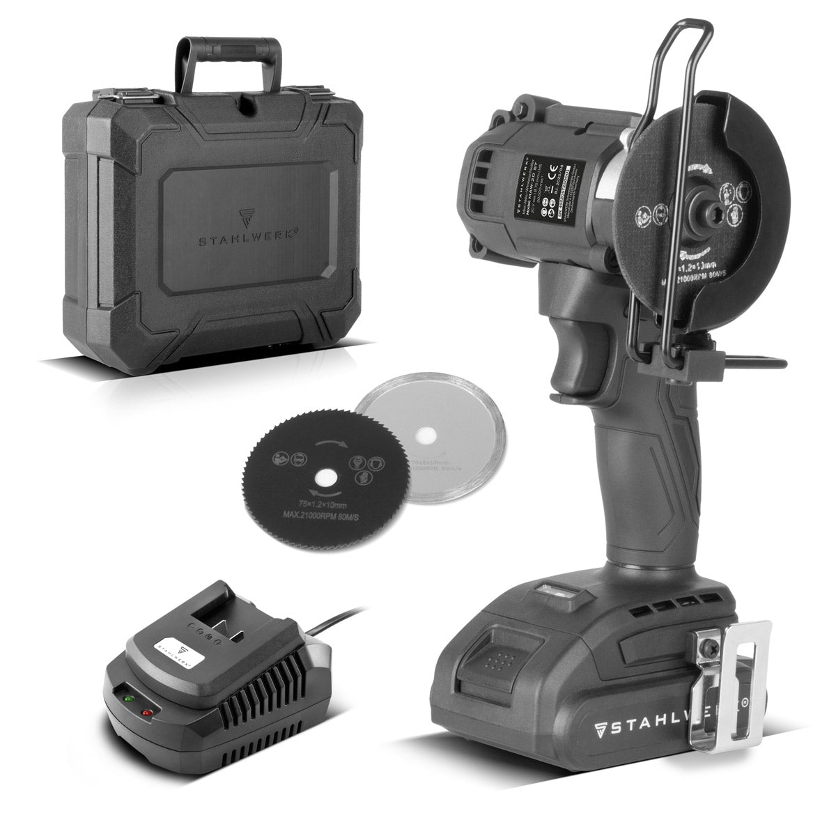 STAHLWERK Mini-Akku-Winkelschleifer MAW-20 ST mit 2000 mAh Akku | Handwinkelschleifer zum Schneiden von Metall, Fliesen und Holz | Elektrische Minisäge mit Brushless-Technologie