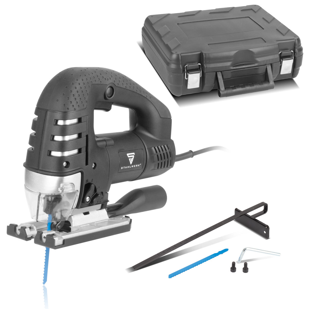 Stahlwerk Stab Saw JSB -750 St con 700 W, 600 - 2,800 rpm y 45 ° Angle de inclinación Sierra eléctrica | Péndulo sierra | Sierra de trazo de péndulo con riel guía para aserrar madera, metal y plástico