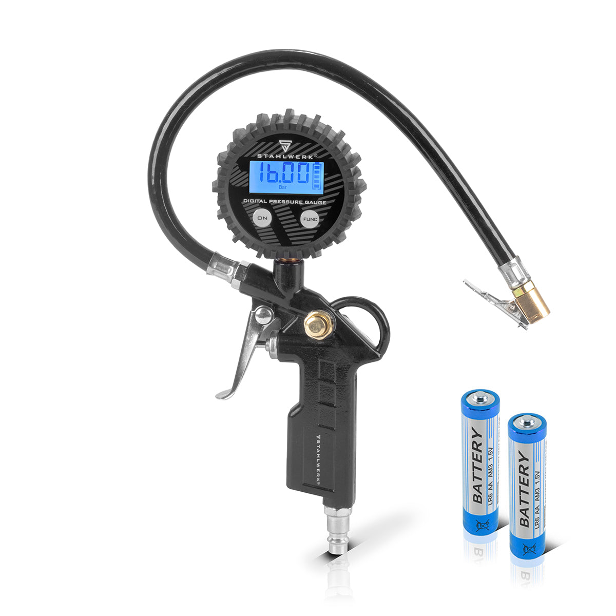 Steelworks Digital Compressed Air Tire Pistol DRD-16 ST | Filler per pneumatici ad aria compressa con manometro digitale | Tester a pressione dei pneumatici per auto, camion, moto, bicicletta | Area di misurazione 0-16 bar / 0-232 psi