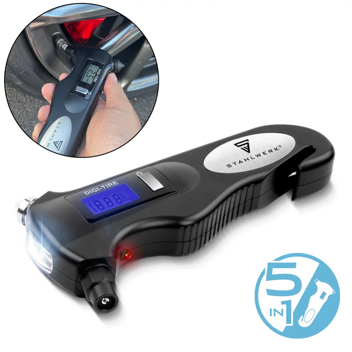 STAHLWERK 5-in-1 Reifendruckprüfer mit LED-Licht | Digitaler Luftdruckprüfer | Gurtschneider | Notfallhammer | Arbeitsleuchte | Multifunktionales Luftdruckmessgerät für PKW, Fahrrad, Auto