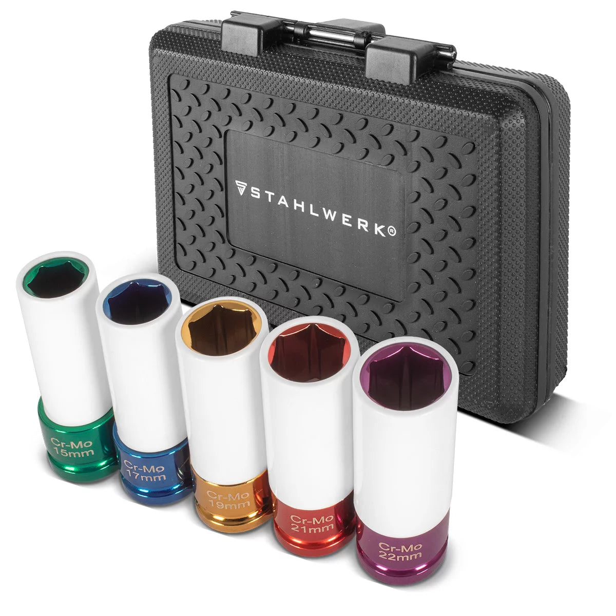 STAHLWERK impact wrench socket set 1/2" drive | 5 protective sockets 15, 17, 19, 21, 22 mm | For easy wheel changes | Cr-Mo sockets for aluminum rims | With rim protection | 6-point profile | Color-coded