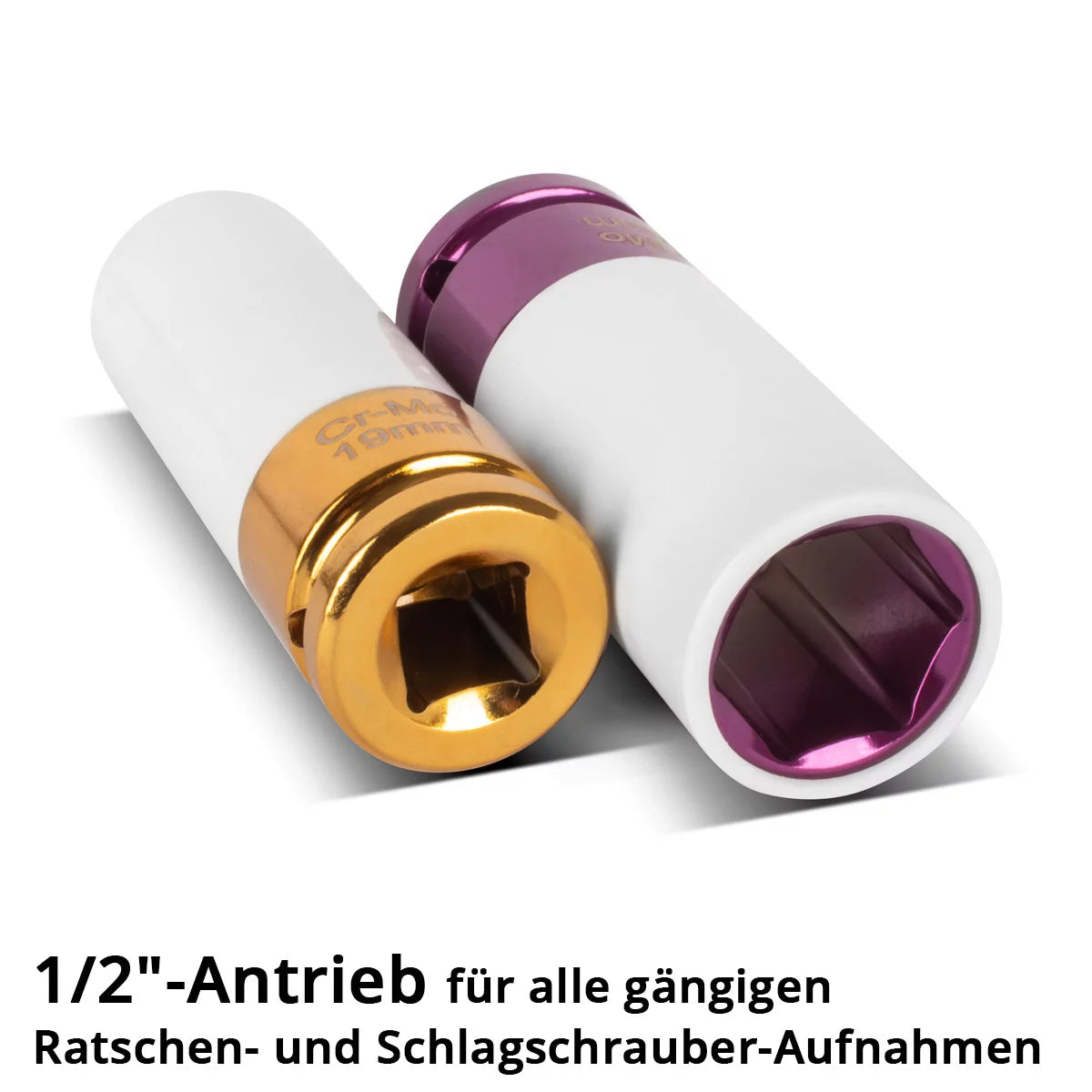 Jeu de douilles pour clés à chocs STAHLWERK, entraînement 1/2" | 5 douilles de protection 15, 17, 19, 21, 22 mm | Pour un changement facile des roues | Douilles Cr-Mo pour jantes en aluminium | Avec protection de jante | Profil 6 points | Code couleur