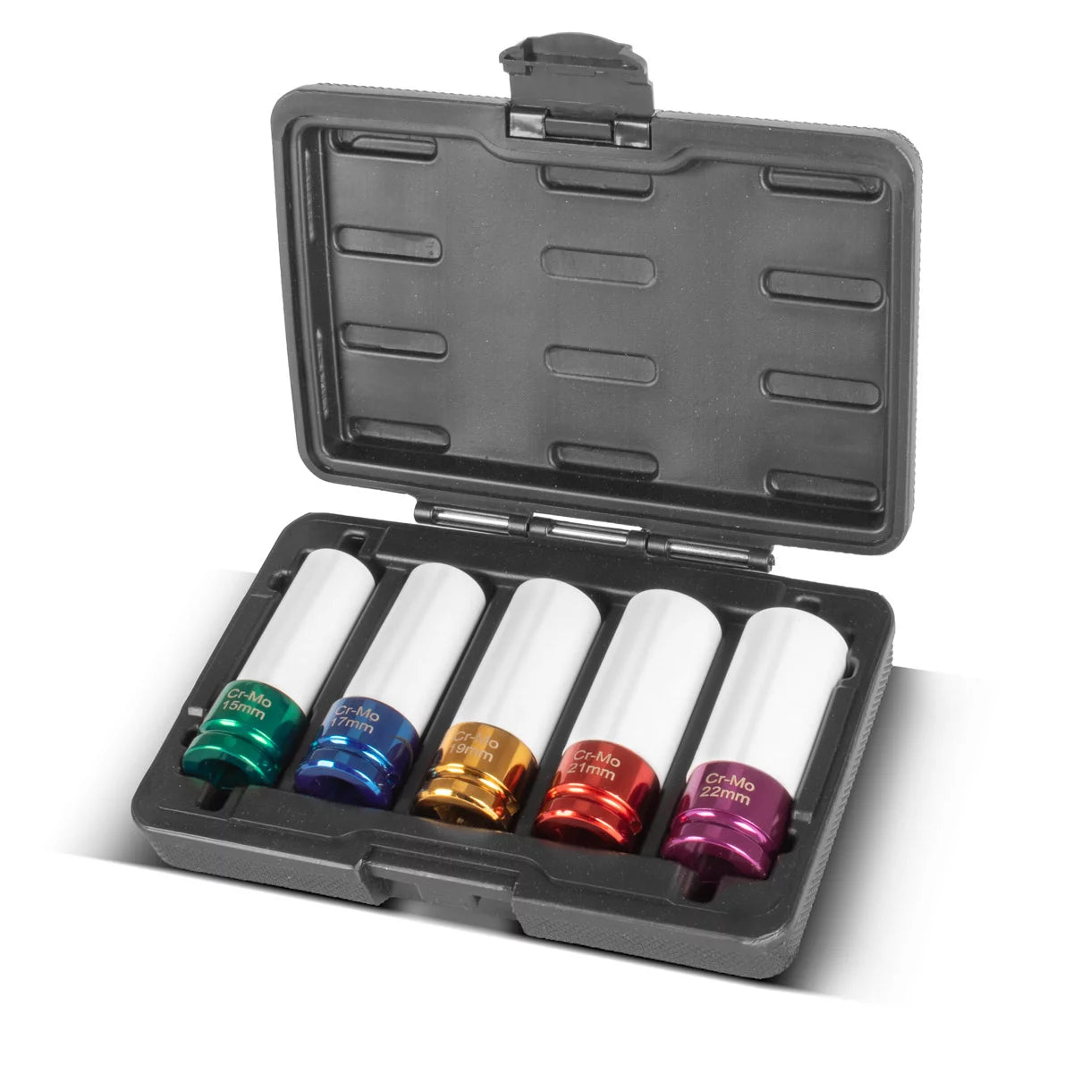 Jeu de douilles pour clés à chocs STAHLWERK, entraînement 1/2" | 5 douilles de protection 15, 17, 19, 21, 22 mm | Pour un changement facile des roues | Douilles Cr-Mo pour jantes en aluminium | Avec protection de jante | Profil 6 points | Code couleur