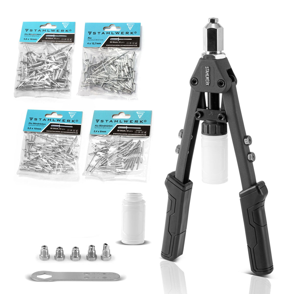 Stahlwerk HNZ-1330 ST robuste pinze di leva professionali e pinze di serraggio / pinze cieche realizzate in nichel-placcati in acciaio di molibdeno-8 set parzialmente set tra cui 200 rivetti e 5 inserti di cambio