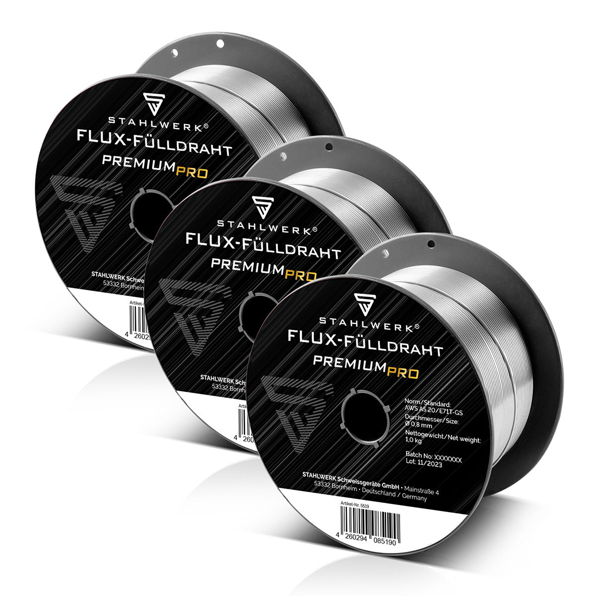 STAHLWERK 3 x MIG MAG Premium Schweißdraht  - Fülldraht E71T-GS Ø 0,8 mm S100/ D100 Drahtrolle 1 kg / Flux-Fülldraht