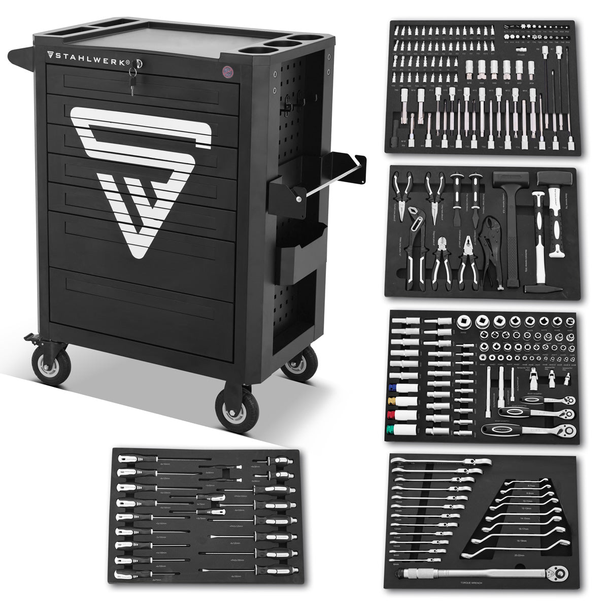 Steelworks Workshop Car Shark dotato di 235 strumenti premium realizzati in auto per attrezzi a blocchi di chiusura Chrome Vanadio | Condotti di assemblaggio professionale con 7 cassetti e rulli di lunga vita gommati