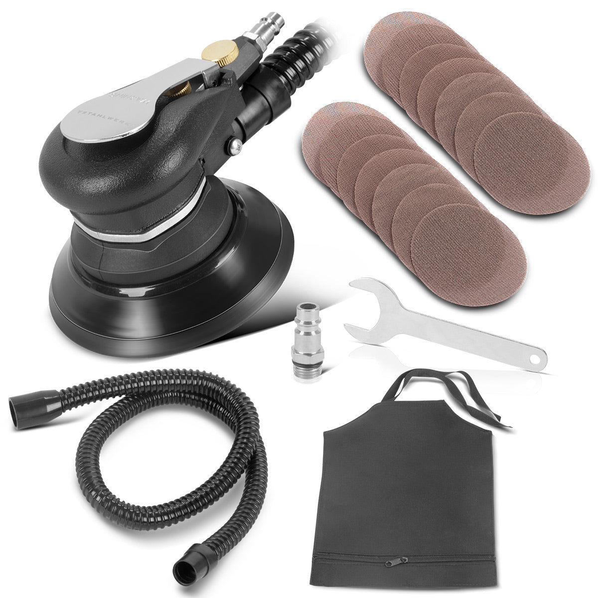 Steelworks compressed air eccentric grinder of the-125 ST with 14 set gridet grain grinding panes P60-P320 compressed air loop with 125 mm grinding plate | Polishing machine with suction system and dust bag