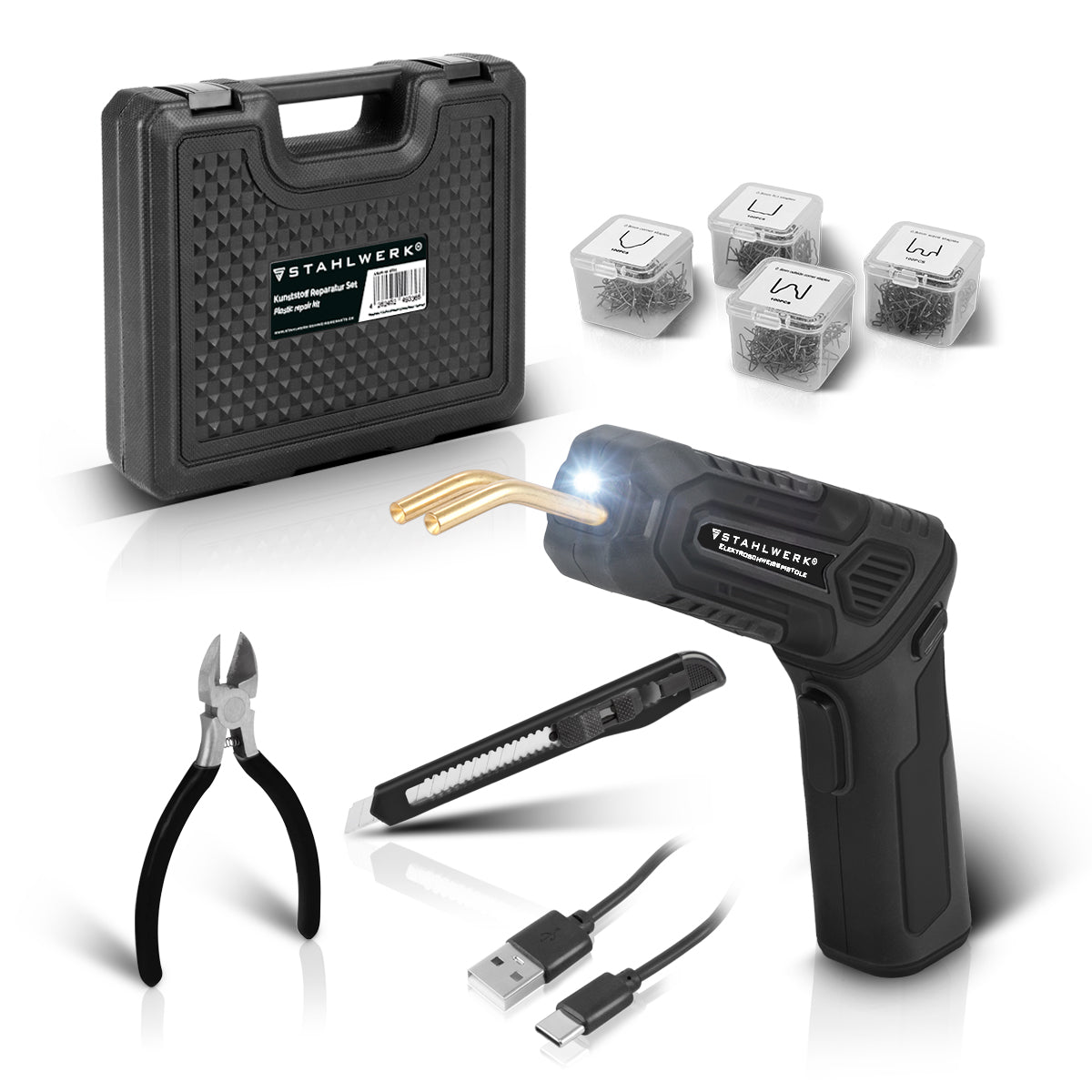 Set di riparazioni in plastica in acciaio con dispositivo di saldatura in plastica a batteria e 400 gail di saldatura, libretti caldi | Dellenliftter | Set di riparazioni intelligenti USB per paraurti e componenti di plastica