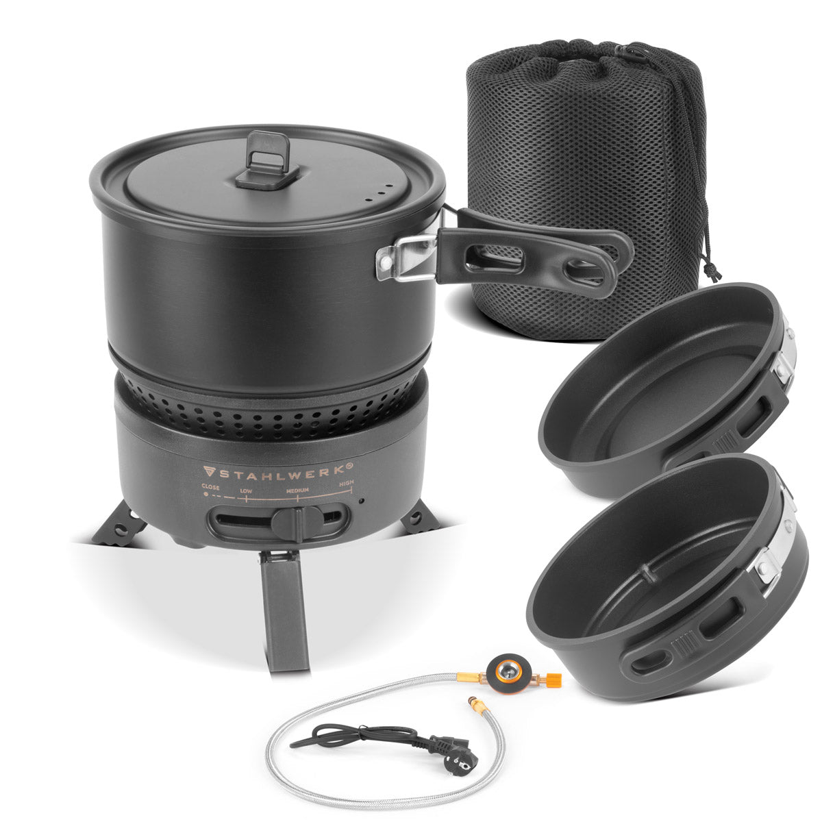 Stahlwerk Camping-Kocher CK-700 ST 2-IN1 Cuiseur électrique et à gaz | Cuisinière extérieure | Plats de camping | Kartuschen Cooker | Camping Chef Set avec pot et casserole