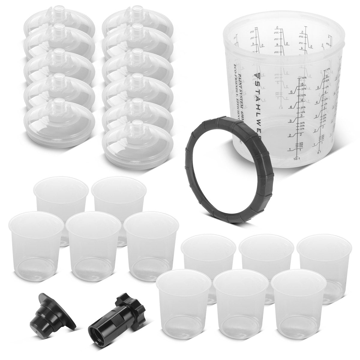 Stahlwerk Mischbecheret 25 partes para usar en pistolas de pintura | Falta de mezclador | Mezclador de color | 650 ml de taza de medición desechable para mezclar y aplicar pinturas
