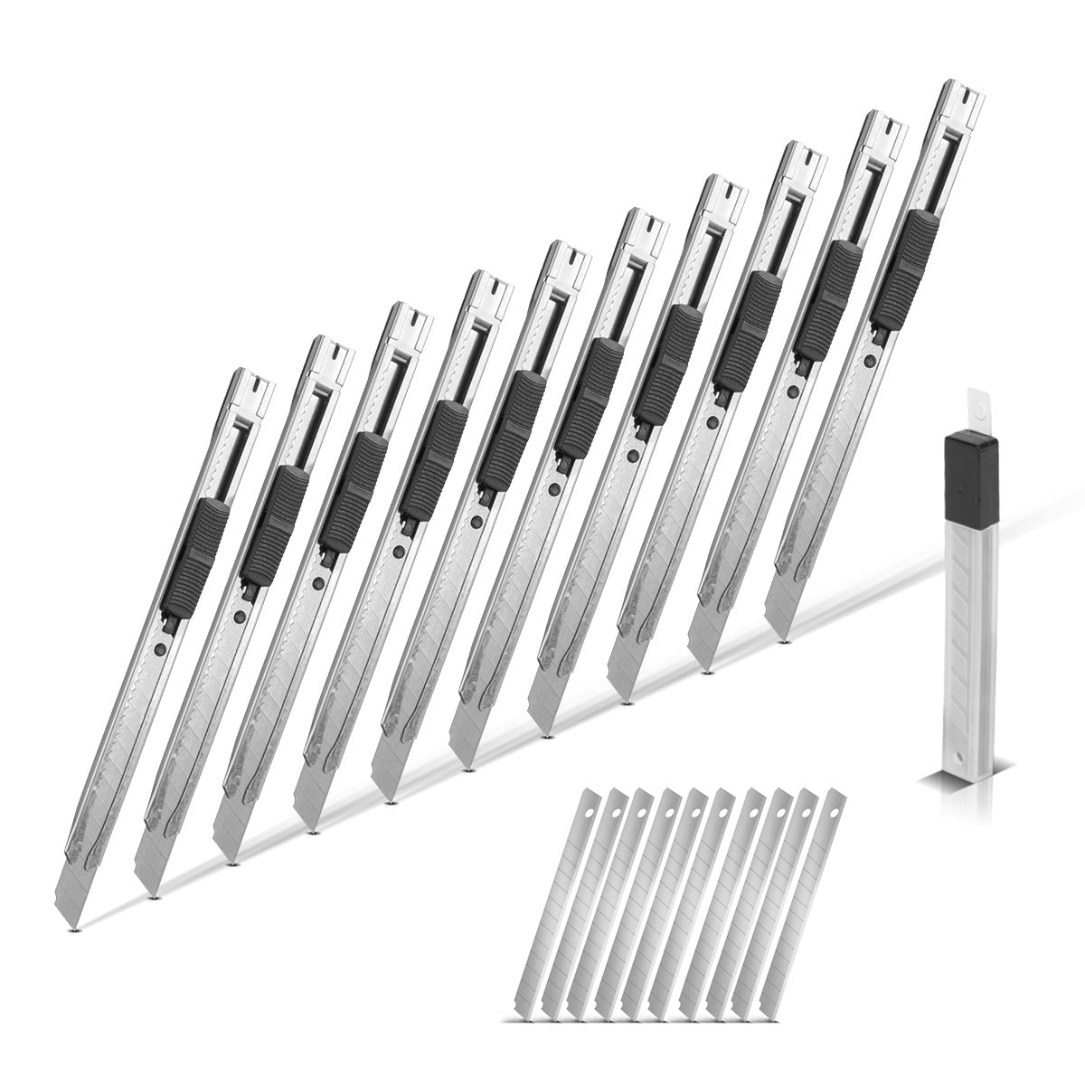 STAHLWERK Cuttermesser 10er Set mit 9 mm Abbrechklingen aus bruchfestem Carbon-Stahl präziser Cutter | Teppichmesser | Sicherheitsmesser | Paketmesser | Kartonmesser