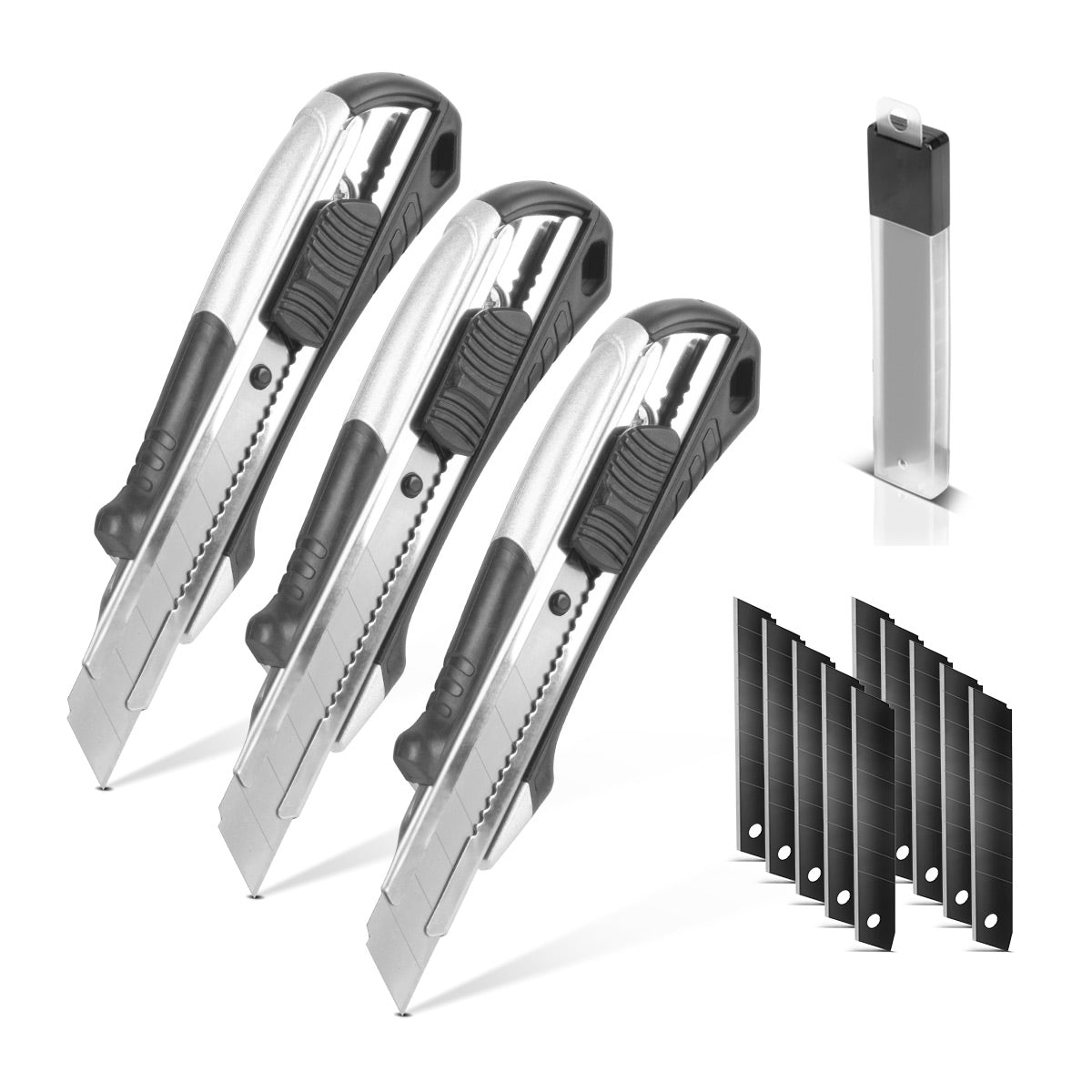 STAHLWERK Premium-Cuttermesser PCM-182 ST 3er Set mit 18 mm Abbrechklingen Profi Cutter | Teppichmesser | Sicherheitsmesser | Paketmesser | Kartonmesser