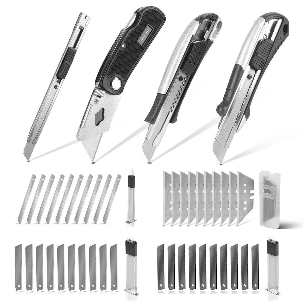 STAHLWERK Cuttermesser 4er Set mit Ersatzklingen Profi Cutter | Teppichmesser | Sicherheitsmesser | Paketmesser | Kartonmesser