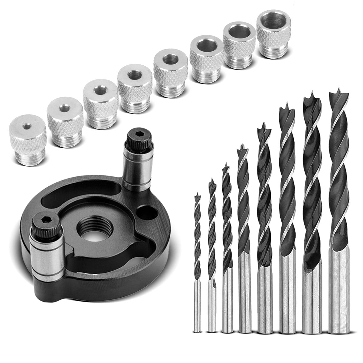 Set di dime per tasselli STAHLWERK con boccole e punte per trapano 3 | 4| 5| 6| 7| 8| 9| Tassello autocentrante da 10 mm | Calibro per tasselli | Dima di foratura | Guida per trapano | Aiuto alla perforazione | Dima di foratura per tasselli in legno