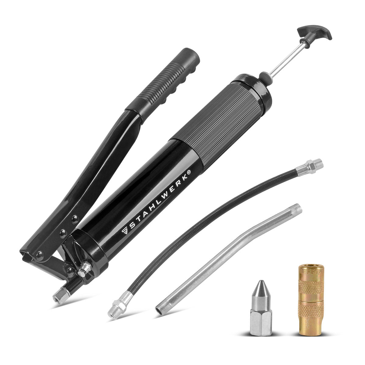 STAHLWERK Einhand-Fettpresse 600 ml 550 bar | Handhebelpresse aus robustem Stahl | Fettpresse für loses Fett oder 400 g Kartusche | Handpresse zur Schmierung mit flexiblem Schlauch und Verlängerungsrohr