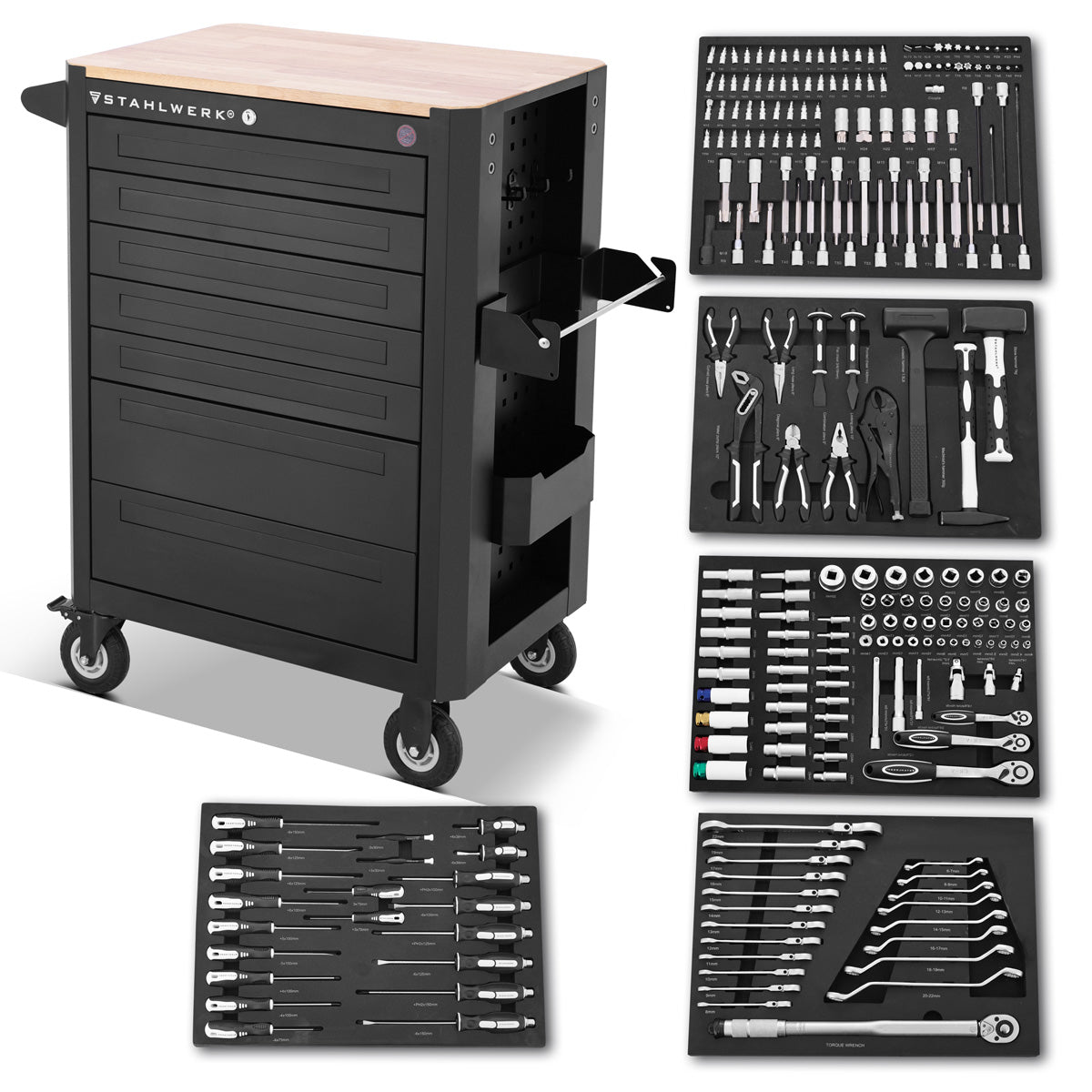 Stahlwerk workshop car crow equipped with 235 premium tools made of chrome vanadium lockable tool car | Professional assembly ducts with 7 drawers and rubberized long-life rollers