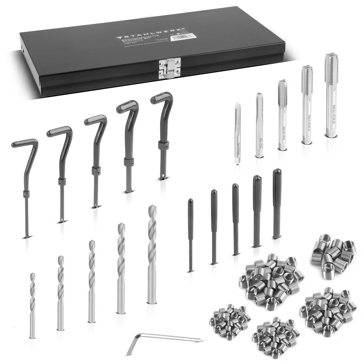 Steelworks Helicoil Thread repair set 131-part thread repair set M5 M6 M10 M10 M12 thread repair tool with threaded drill, drilling, breaking tools, installation tools and thread inserts