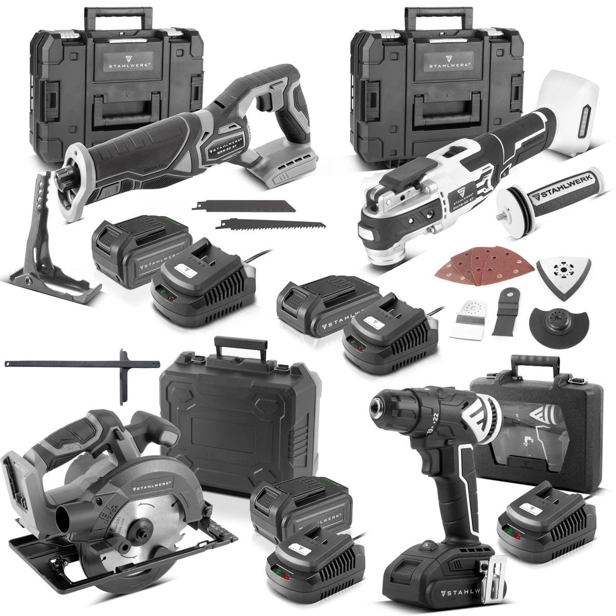Ensemble de batteries sans balais en acier | Scie circulaire à main AKS-20 ST | Outil multifonctionnel oscillant OMTB-20 ST | Sabre a vu BRS-20 ST | Forage tournevis ABS-18 ST