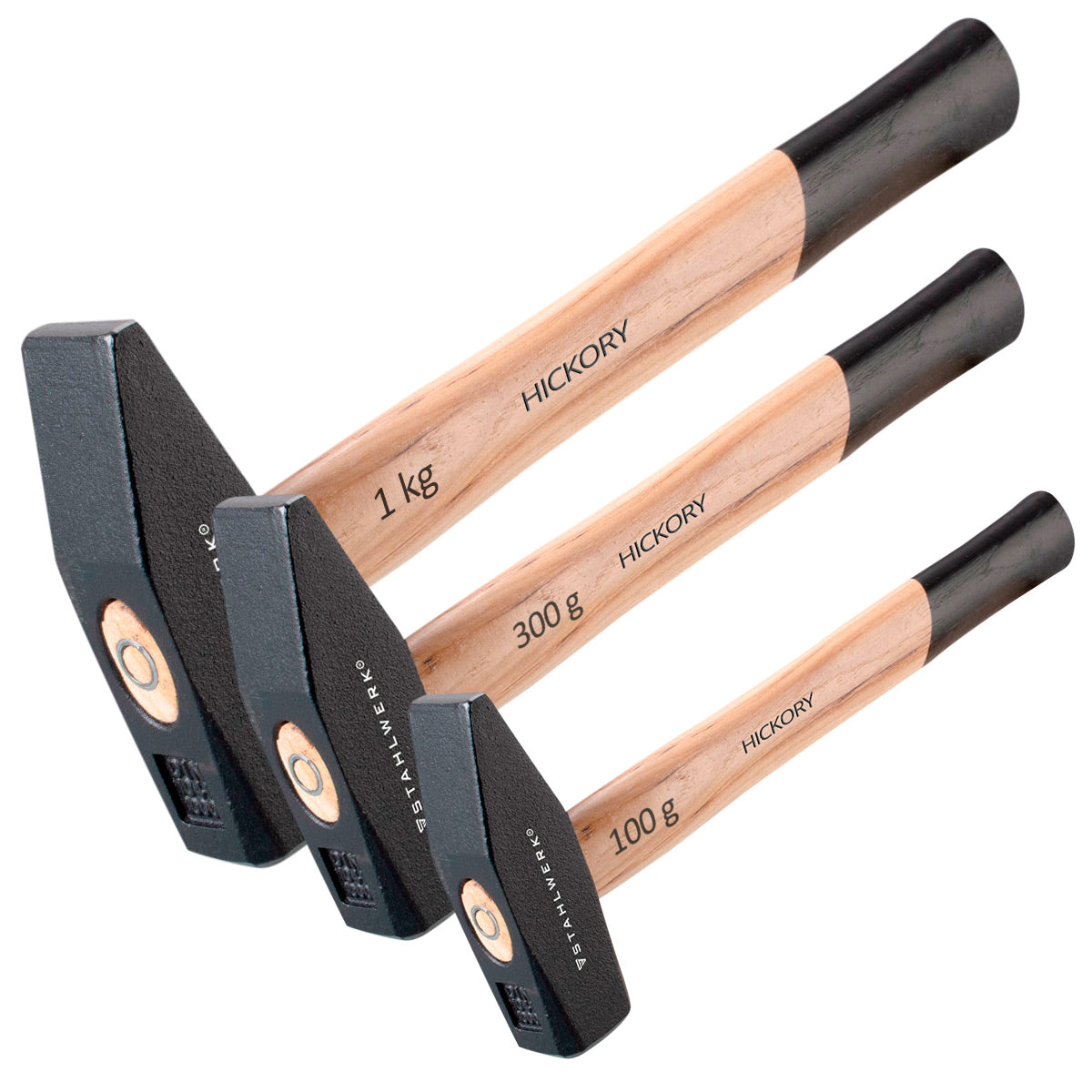 Blocco martello in acciaio a martello nel set 100 g 300 g 1000 g robusto testa robusta in acciaio forgiato, ben bilanciata e maniglia ergonomica in legno di hickory resistente alla frattura