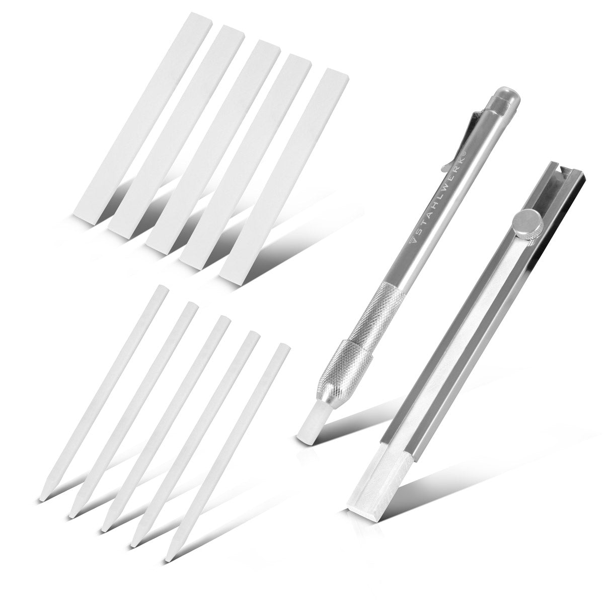 STAHLWERK Juego de tizas para soldar 12 piezas, soporte para tiza plano y redondo de aluminio, lápices de esteatita para rellenar con 10 piezas de tiza de esteatita para marcar en acero, acero inoxidable, aluminio