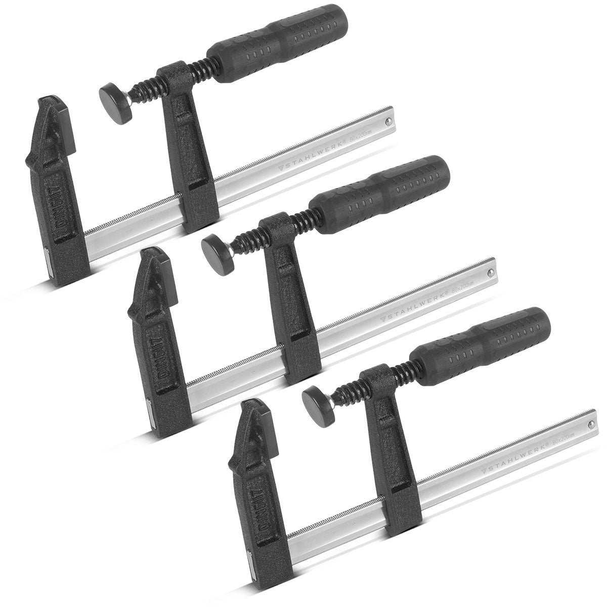 Steelwork 3 x screw clamp 80x200 mm | powerful clamping clamp made of steel and plastic | F-Zwinge for fixing workpieces | Stable compound with span of 200 mm, clamping depth 80 mm