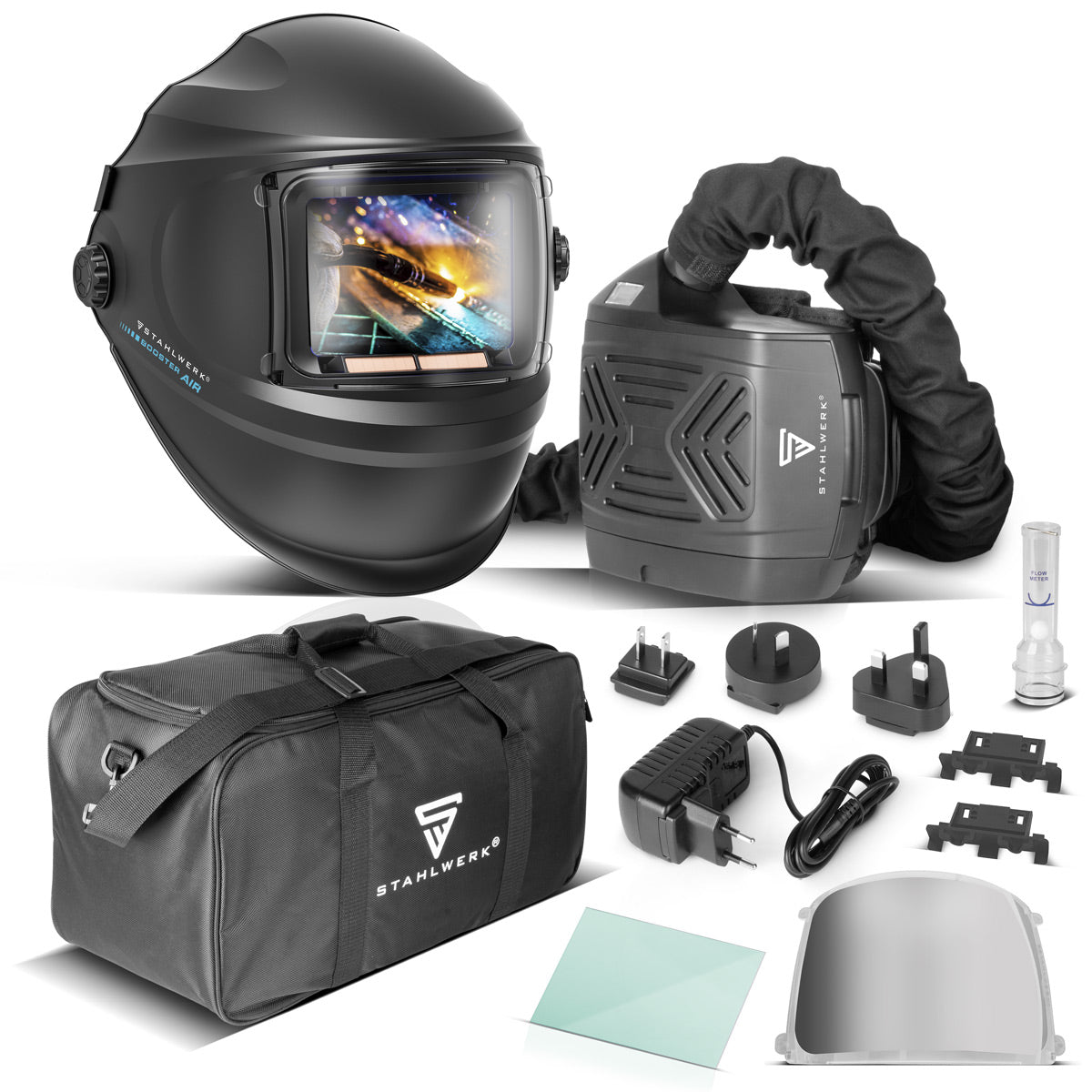 Casco de soldadura automático STAHLWERK 3 en 1 BOOSTER AIR | Casco de soldadura con suministro de aire fresco | sistema PAPR | Reproducción de color verdadero | Memoria de trabajo | Oscurecimiento DIN 4 hasta DIN 13 | Clase óptica 1/1/1/2