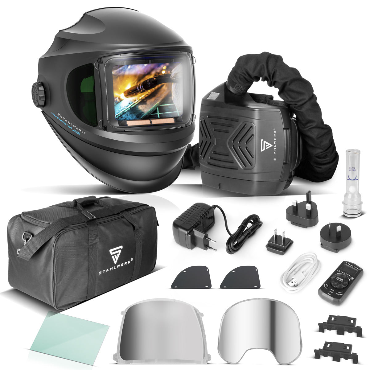 Casco de soldadura automático STAHLWERK 3 en 1 MASTER AIR | Casco de soldadura con suministro de aire fresco | Mando a distancia Bluetooth | Reproducción de color verdadero | Oscurecimiento DIN 4 hasta DIN 14 | Clase óptica 1/1/1/1