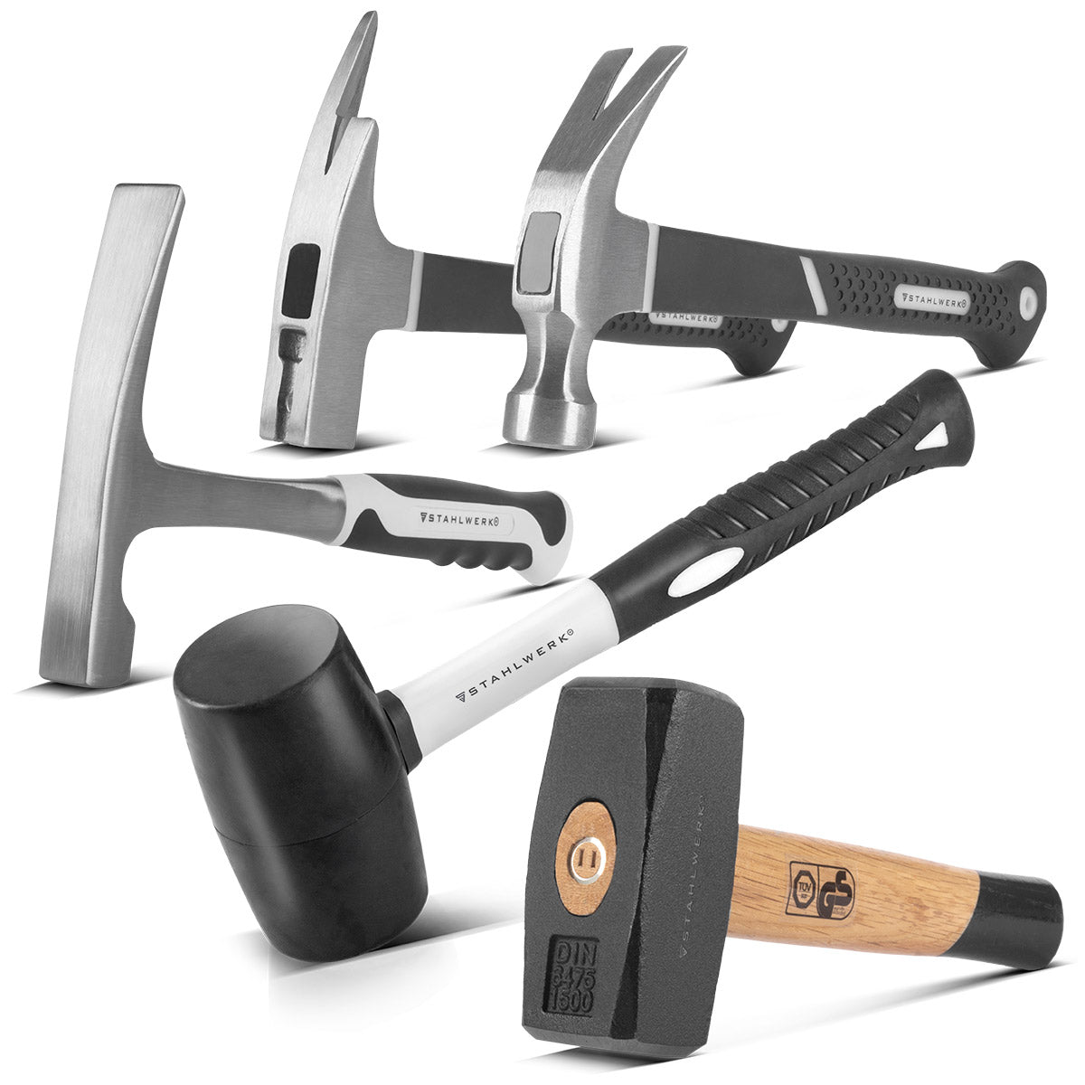 Steelworks Hammer 5 Set with fist, Klauenhammer, Maurerhammer, Latthammer and rubber hammer
