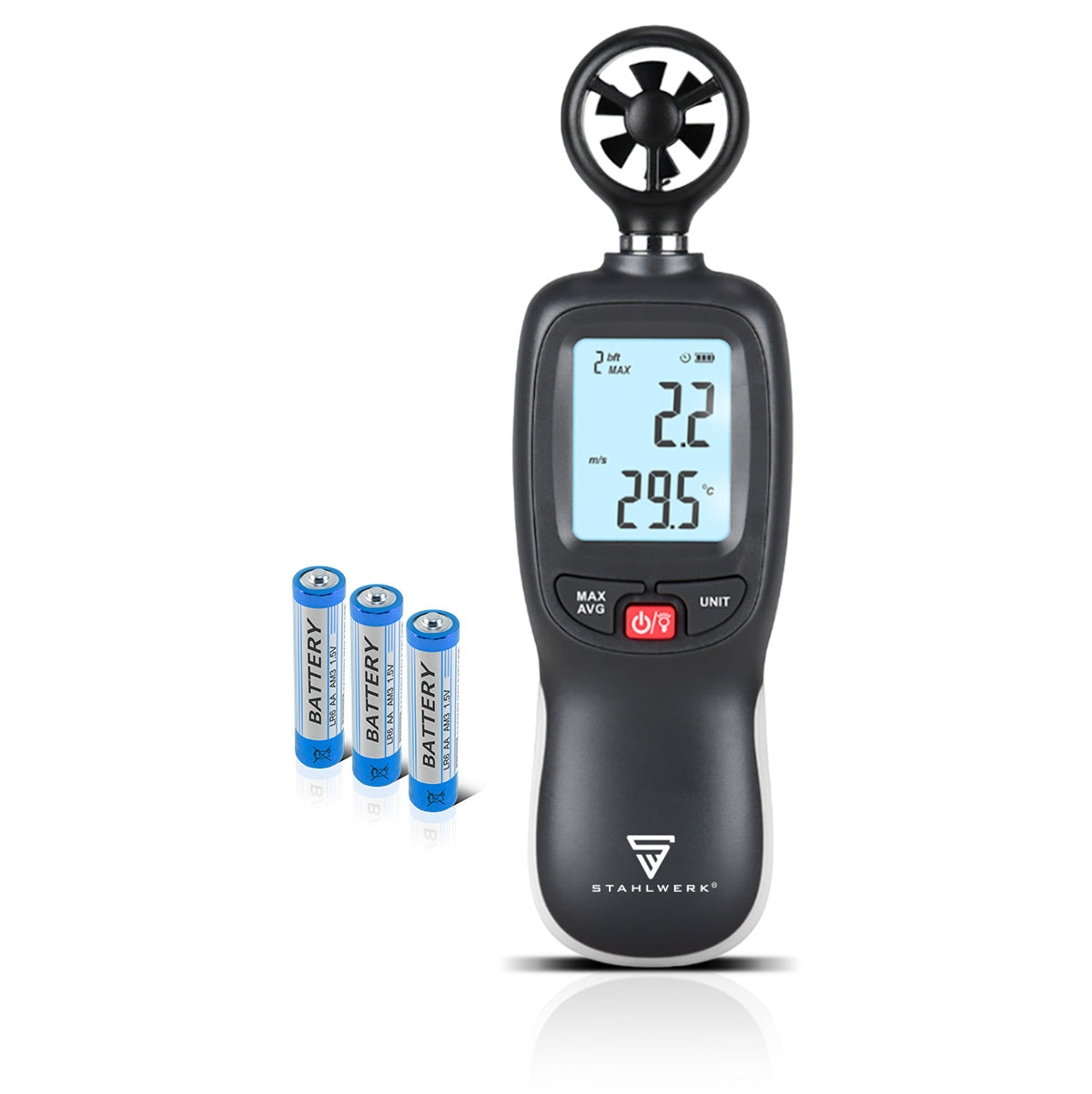 Anémomètre STAHLWERK | Compteur de vitesse de l'air compact 30 m/s | Appareil de mesure du vent | Débitmètre d'air | Mesure précise des données de vitesse du vent | Jauge numérique de température de l'air avec écran LCD