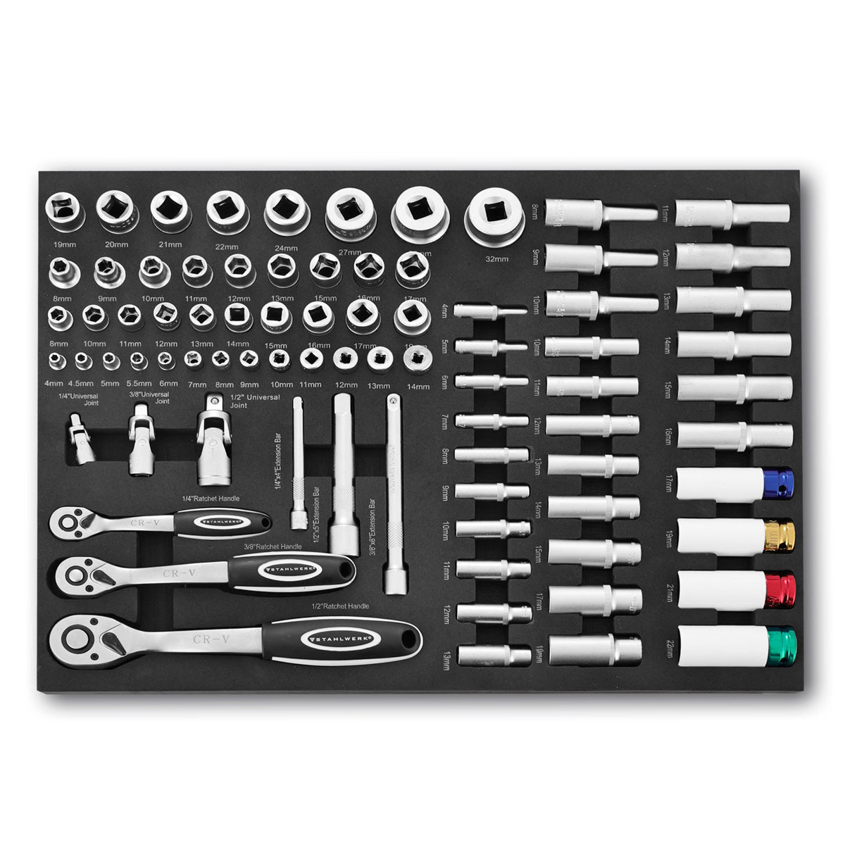 Corrige de douille professionnelle de 80 parties en acier ensemble dans un insert de voiture d'atelier | Outil CRV de haute qualité | INSERT DE CAR TOODE | Organisation parfaite | SCARRING ET RACHET SET | 1/4 ", 3/8", 1/2 "