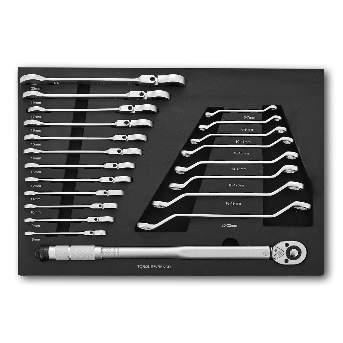 Steelwork Lluvia de 21 piezas Conjunto de llave con inserto de espuma | Para el carro de taller | Conjunto de llave de llave de par y anillo | Incluyendo la llave de boca inclinable | Inserto de coche de herramientas