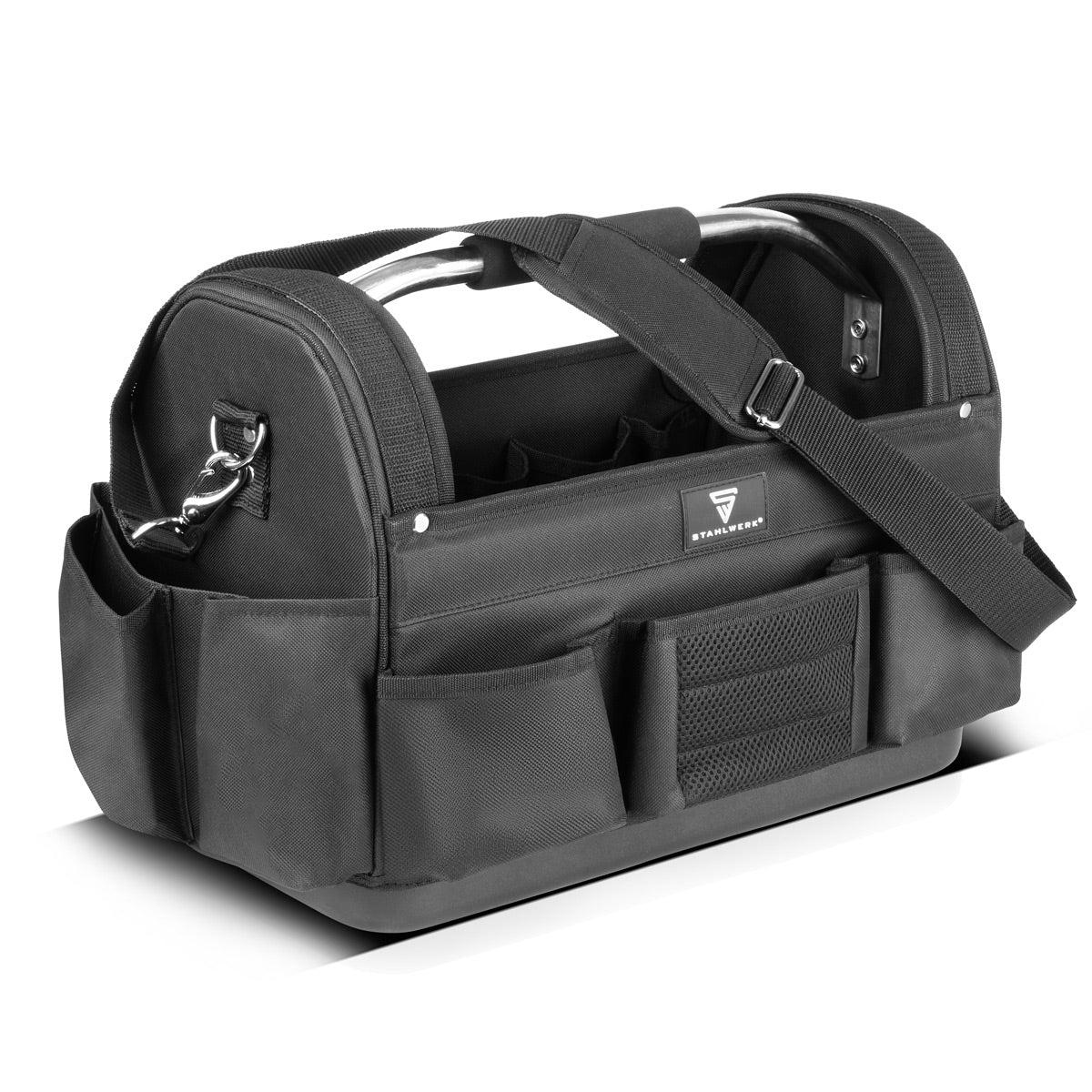Borsa per attrezzi STAHLWERK | 11 tasche esterne e 10 interne | Robusta borsa per installatore | Cassetta degli attrezzi portatile | Borsa di montaggio con maniglia per il trasporto e tracolla | Tessuto in poliestere resistente