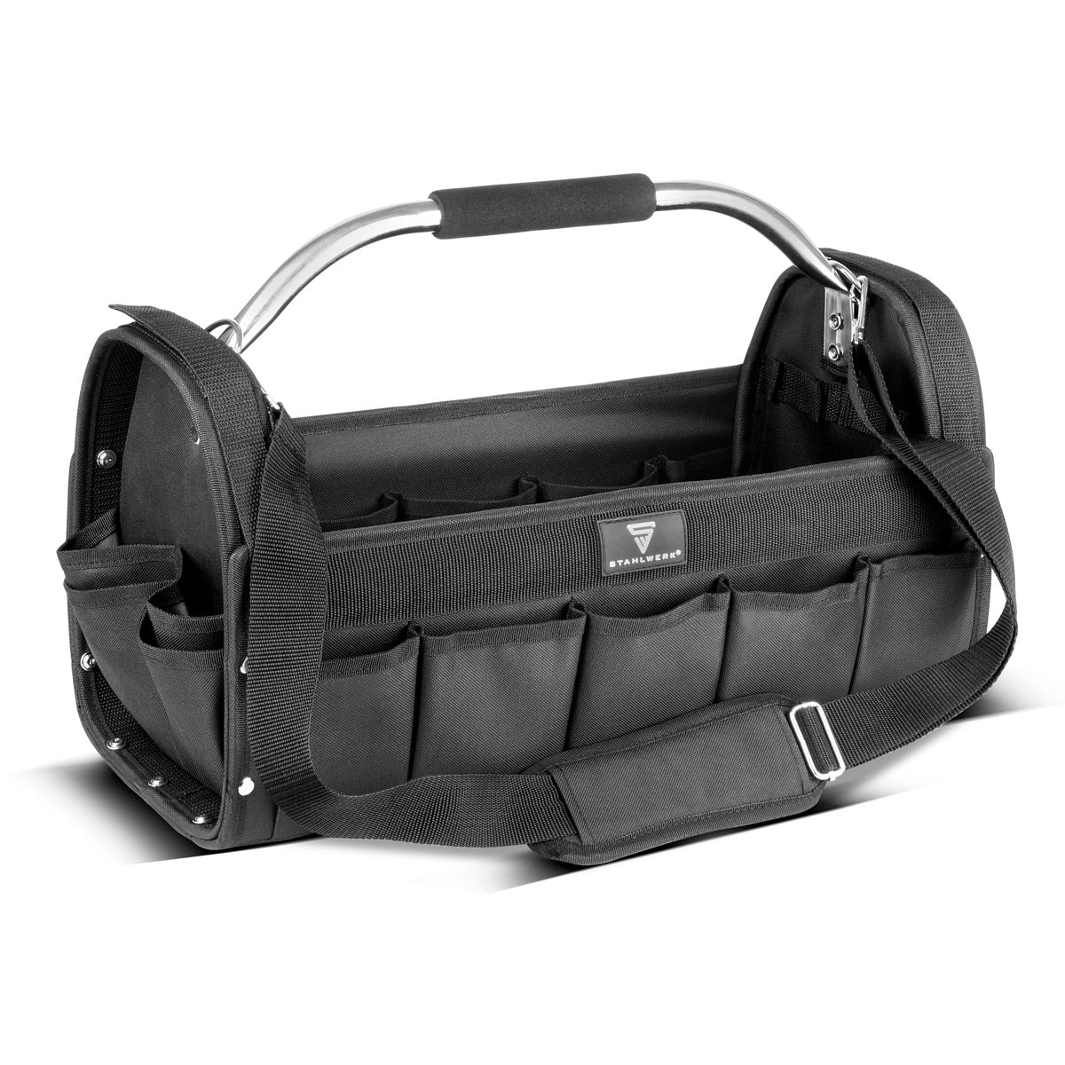 Borsa per attrezzi STAHLWERK | 18 tasche esterne e 10 interne | Robusta borsa per installatore | Cassetta degli attrezzi portatile | Borsa di montaggio con maniglia per il trasporto e tracolla | Tessuto in poliestere resistente