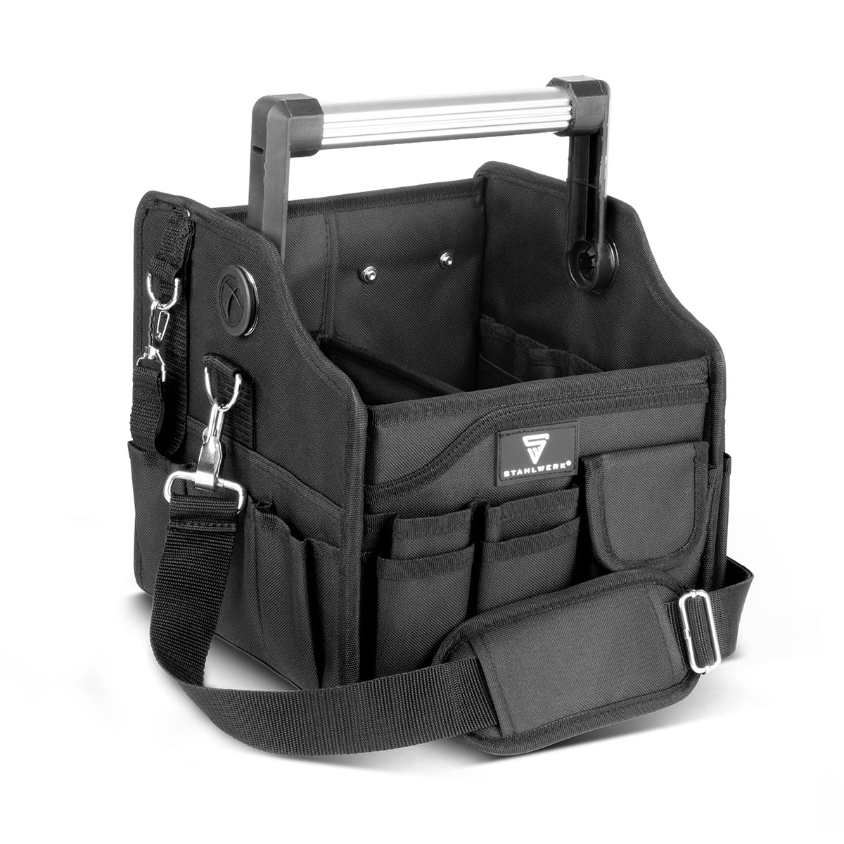 STAHLWERK tool bag with 14 outside pockets | 2 inner compartments | Heavy Duty Electrician Bag | Portable mounting bag with reinforced frame | Aluminum carrying handle and strap | Durable polyester