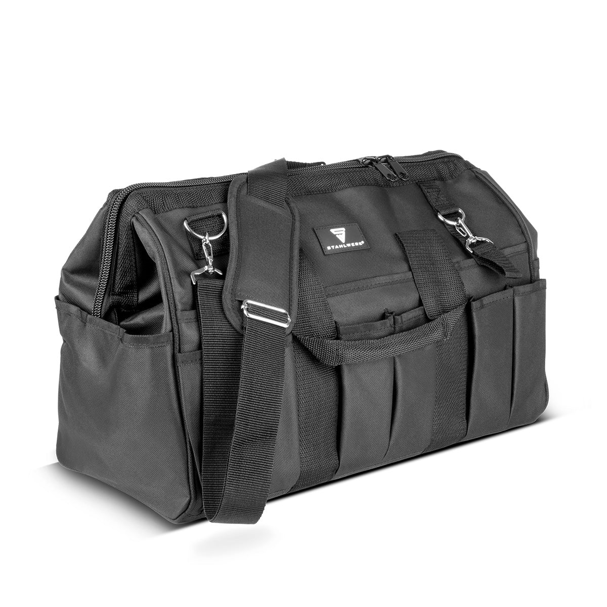 STAHLWERK tool bag | 15 external and 6 internal compartments | Wide-opening plumber bag | Portable tool box | Mounting bag with double handle and strap | Durable polyester fabric